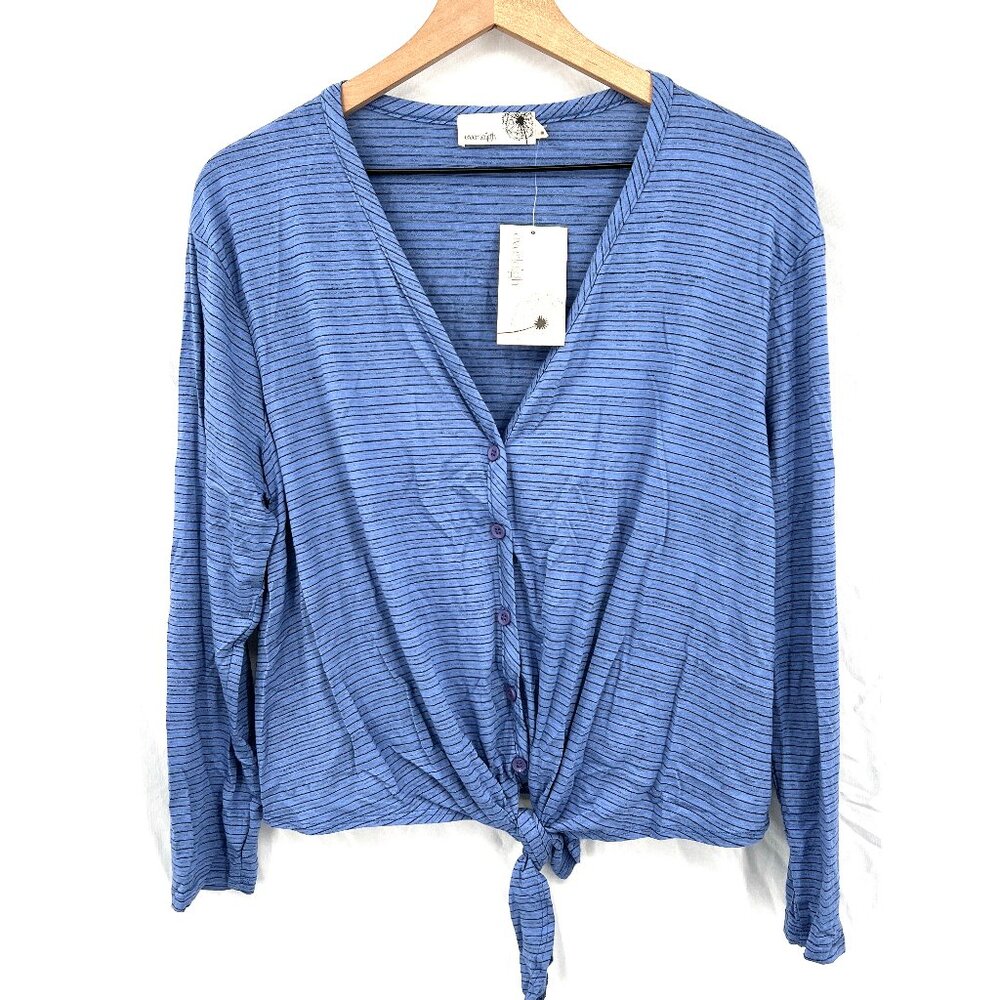 NEW Everleigh blue striped tie front cropped long sleeve blouse t-shirt top L